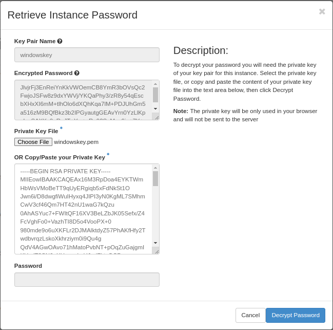Dashboard - Access and Security - Retrieve Instance Password